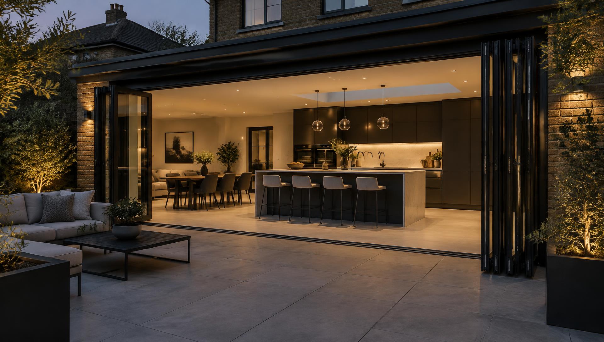 Anthracite aluminium bifold doors opening a kitchen extension onto a patio at dusk